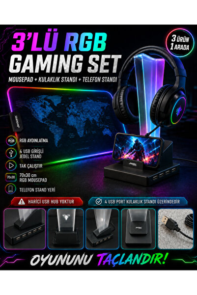 SepetteX 3’lü RGB Gaming Set Mousepad 70x30 + 4 Port USB Hub + Kulaklık Stand...