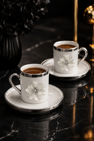 YzHome 2 Li Gümüş Yaldızlı Porselen Lotus Çiçek Kahve Fincan Takımı 100ml