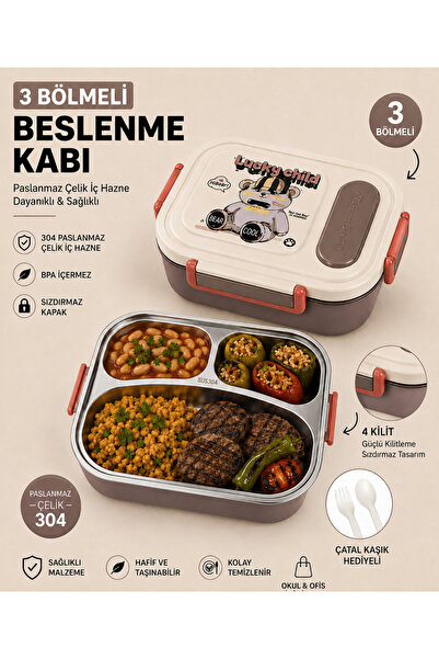 MUZEKO LUCKY 3 Bölmeli Paslanmaz Çelik Yemek Kabı Sızdırmaz Kapaklı, Taşınabi...