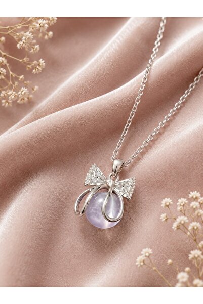 deryora Silver Color Ribbon Detailed Lilac Stone Necklace Zircon Stone Bow Wo...