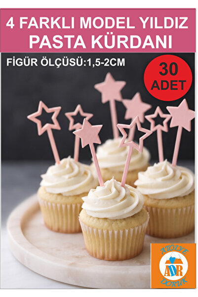 Atölye Doruk Pembe Yıldız Cupcake Kürdanı-Renkli Doğum Günü Parti Pasta Süsle...
