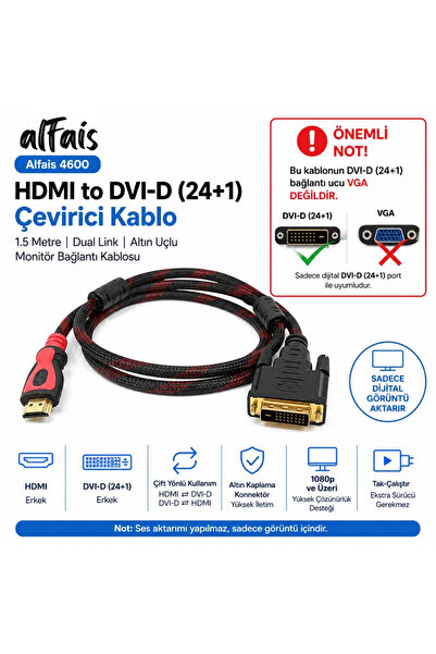 Alfais 4600 Hdmi To Dvi 24+1 Çevirici Dönüştürücü Monitör Kablosu 1.5 m