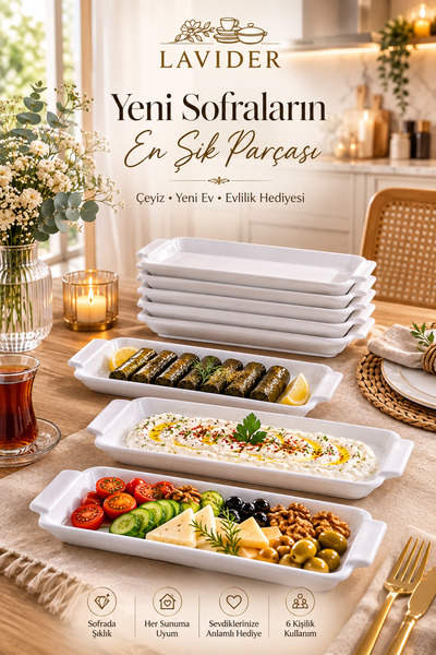 Lavider KÜTAHYA Pure 6'lı Uzun Dikdörtgen Servis Sunum Tabağı Seti Kahvaltılı...