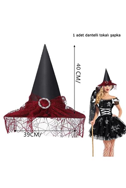 partidolu Halloween Sarkan Siyah Dantelli Cadı Şapkası Yetişkin Kırmızı Renk ...