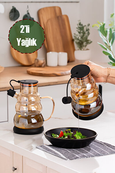 Porsima 3617- 1 Kapaklı Borosilikat Cam 2li Yağlık Sirkelik Seti Yağdanlık Takımı 1000ml Siyah
