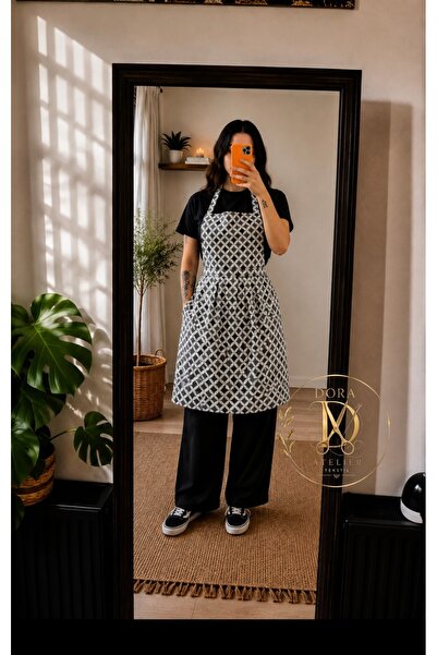 DORA ATELIER TEKSTİL Kitchen & Chef Apron Gray & Smoked Geometric Pattern《Duc...