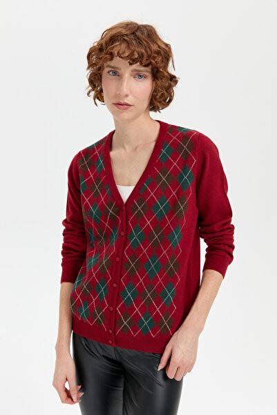 Desen Triko Women's V-Neck Cardigan with Diamond Pattern on the Front V.Red