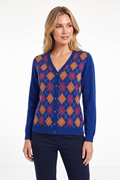 Desen Triko Women's V-Neck Cardigan with Diamond Pattern on the Front, Dark Blue