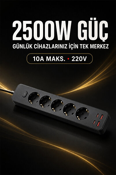 EN SİGA Pro Topraklı 5'li Çoklu Priz 2 USB-C 2 USB-A Çıkışlı 2500W Anahtarlı Uzatma Prizi