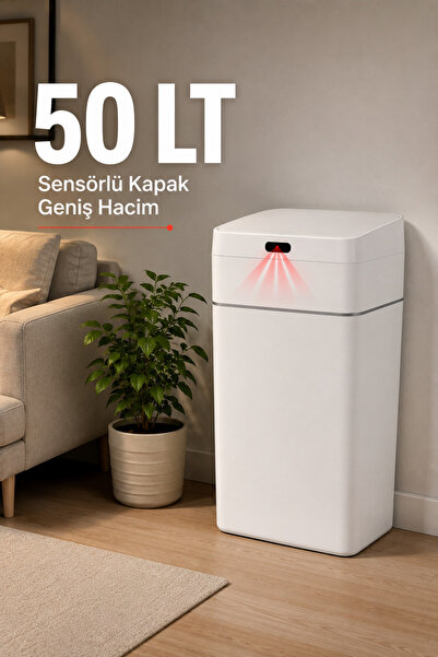 Piev Sensörlü Otomatik Kapaklı Akıllı Çöp Kovası Beyaz 50 Lt