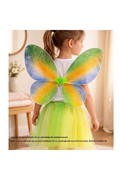 partidolu Yeşil Renk Tinkerbell Tül Etekli Kelebek Gösteri Kanat Set Bebek Ço...