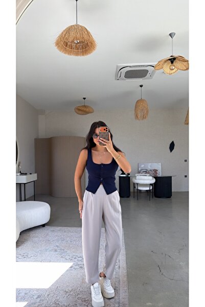 Buket Teke Gri Krep Kumaş Harem Pantolon