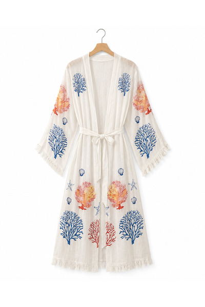 %100 organik bambu ve pamuklu bornoz kimono- renkli mercan desenli- midi boy