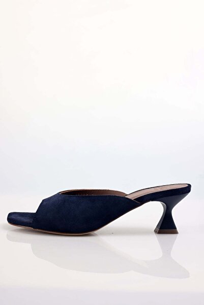 5in1Canpolat Navy Blue Suede Heeled Slippers 26098