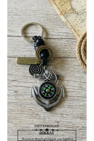 Esey Dizayn Çapa Pusula Modelli Anahtarlık Deri Aksesuarlı