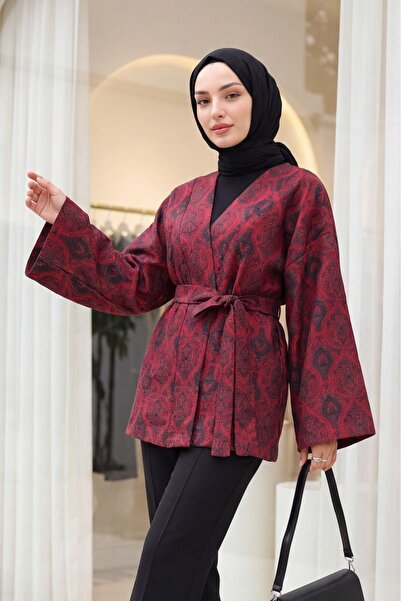 Modamorfo Dijital Baskılı Beli Kemerli Kapitone Kimono -kırmızı