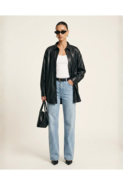 Grenj Fashion Siyah Oversize Cep Detaylı Deri Gömlek