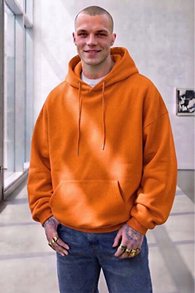 NO 601 Men's Orange Plain Hooded Winter Sweatshirt