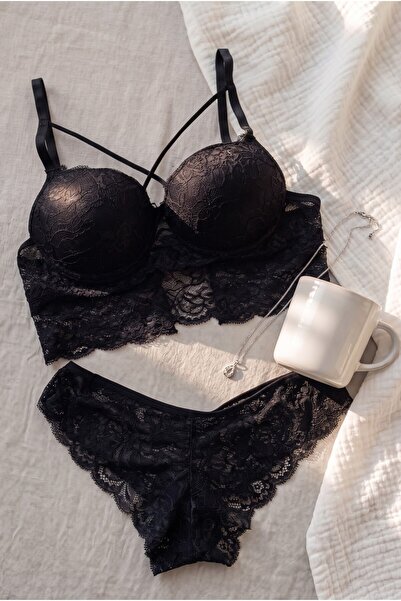 ST iç giyim Women's Black Padded Padded Lace Underwire Cross Drawstring Bra Set