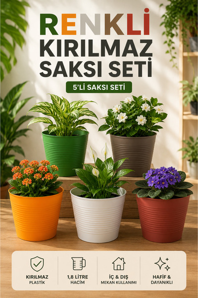 Plant Home Power Mix 5 Adet Renkli Kırılmaz Plastik Saksı Seti | Tabaksız Kul...