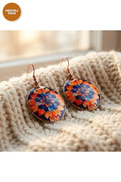 Erol Bakır Copper Navy Blue Orange Floral Dangle Earrings