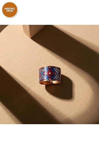 Erol Bakır Copper Blue Red Diamond Motif Wide Form Adjustable Ring