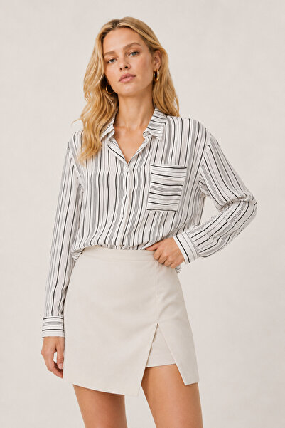 Nuevo White Black Striped Viscose Women's Shirt with Pockets Loose Cut Long S...