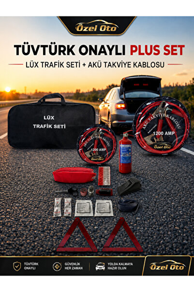 TRAFİKSETİ Trafik İlk Yardım Seti Akü Takviye Kablosu Plus Set Tüvtürk Onaylı + Acil Durum Trafik Seti 1200 Amper Takviye
