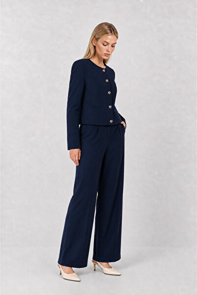 Lovelyİstanbul Gold Buttoned Woven Jacket-Pants Set Laz0014 Dark Blue