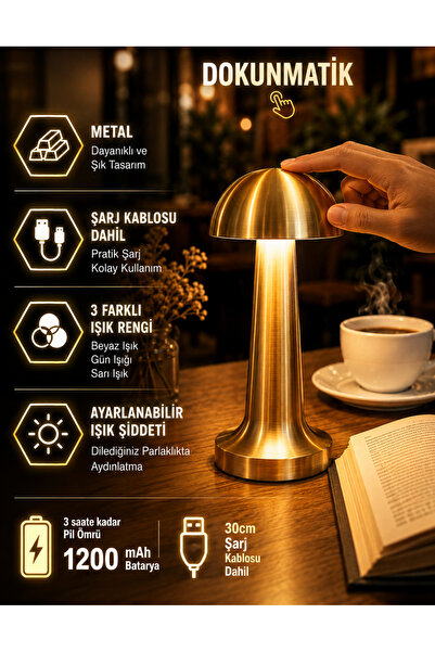 Unichrome Metal Dokunmatik Mantar Masa Lambası 3 Işık Renkli Şarjlı Masa Lamb...