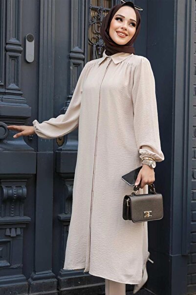 Neva Style Buttoned Beige Hijab Dress 41401Bej