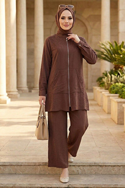 Neva Style Set Hijab din in maro cu detalii brodate 32101KH
