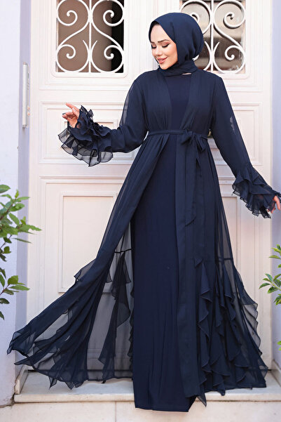 N.S NEVA STYLE Kat Volanlı Lacivert Tesettür Abaya Elbise 25904L