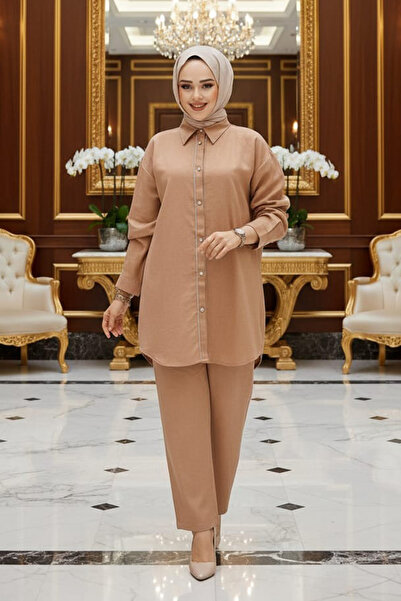 N.S NEVA STYLE Σετ δύο τεμαχίων με κουμπιά Camel Hijab 28141C