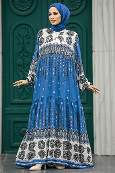 Neva Style Patterned Indigo Blue Hijab Dress 50005Im
