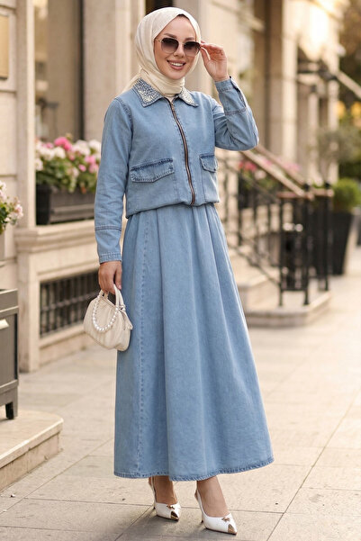 N.S NEVA STYLE Set dublu din denim cu fermoar, fustă albastră și bluză, 10063M