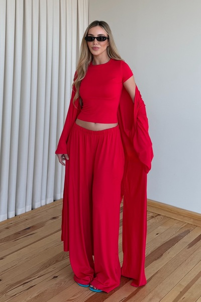 Laluvia Red Viscose Triple Set - 4137