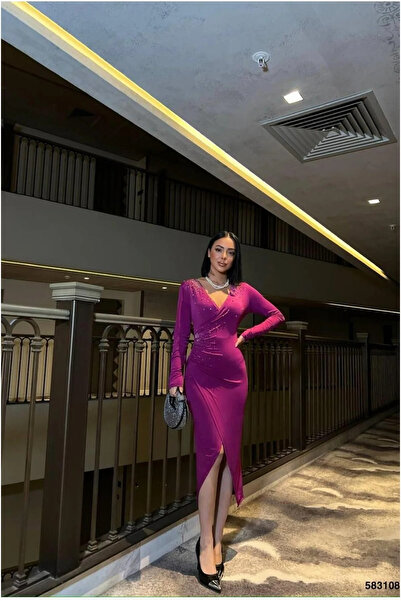 SS HOME CONCEPT فستان سهرة نسائي بأكمام طويلة وياقة مزدوجة الصدر وتفاصيل حجري...