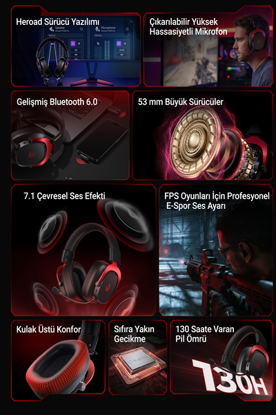 QCY Heroad VT200 6.0 Gaming Oyuncu Kulaklığı 53 mm - Protein Deri 7.1 Surround 3 Mod 3.5mm, 2.4GHZ, BT