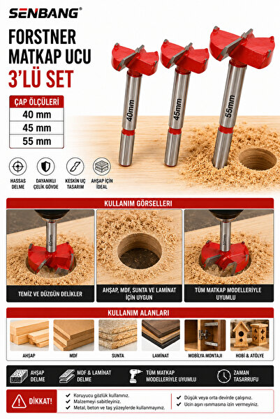 SENBANG 3’lü Forstner Ahşap Delme Matkap Ucu Seti 40-45-55 mm MDF Sunta Lamin...