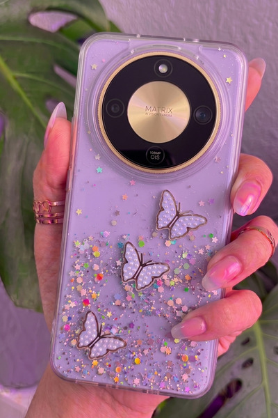 Rivor Honor Magic 8 Lite Uyumlu Kılıf Kamera Çıkıntılı Simli Kelebek Kabartma...