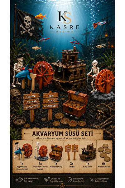 Kasre Lanetli Korsanlar Akvaryum Süs Seti – İskelet Figürleri, Batık Gemi, Ha...