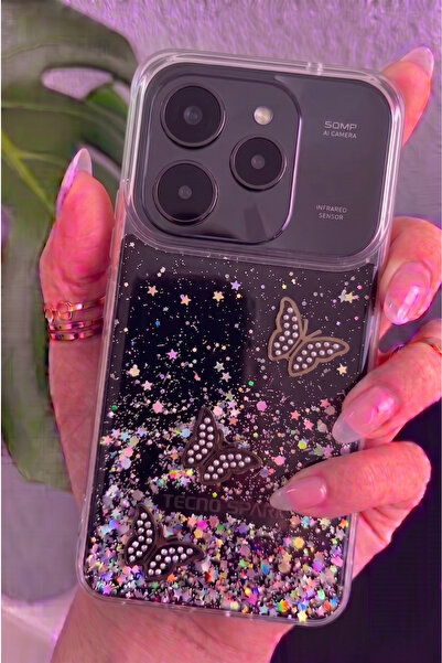 Rivor Tecno Spark 40 4G Uyumlu Kılıf Kamera Çıkıntılı Simli Kelebek Kabartmal...