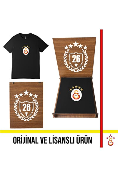 Galatasaray Licensed 5 Star Big Logo Black T-Shirt 26 Championships Wood Boxe...