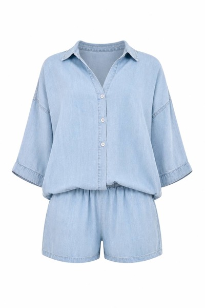 ROYAL'S AURA Tensel Denim Oversize Gömlek Şort Takım
