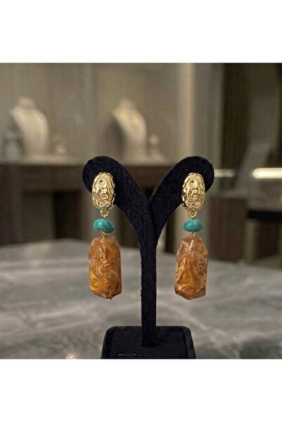 Çelik Gold Kabartma Dokulu Turkuaz Boncuklu Taba Amber Ebruli Sallantılı Kadın Küpe Kararmaz Paslanmaz