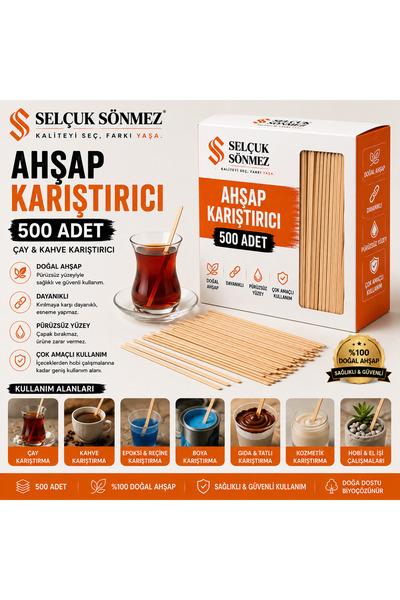 SELÇUK SÖNMEZ Ahşap Çay Kahve Karıştırıcı 500 Adet Tahta İçecek Karıştırma Çu...