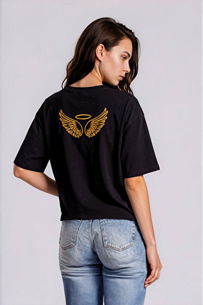 RunGear Up Melek Kanatlı Desen Boxy Fit Kadın Tişört - %100 Pamuk Siyah Overs...