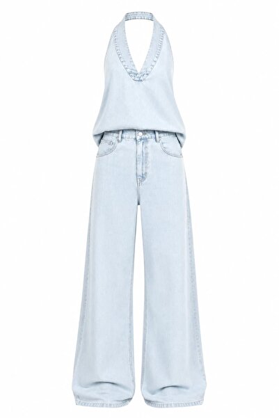 ROYAL'S AURA Tensel Denim Halter Yaka Bluz Pantolon Takım