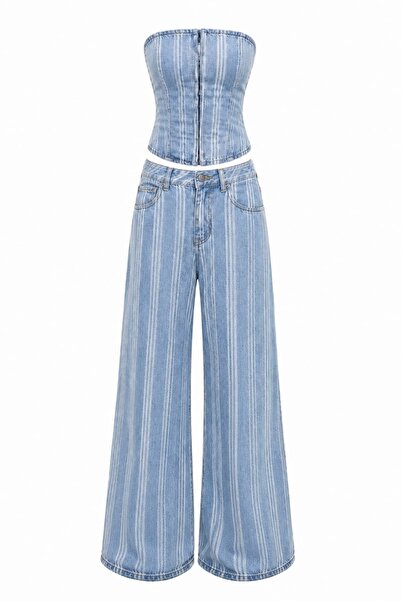 ROYAL'S AURA Çizgili Denim Straplez Büstiyer Palazzo Takım